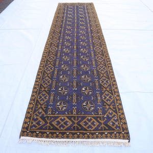Purple Runner Rug 2&#39;4x9&#39;6 ft Hand Knotted Wool Rug, Geometric Design Hallway Runner Rug, Soft Pile Oriental Carpet, Rug For Stairs 75x300 cm
