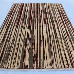 4&#39;8x6&#39;5 ft, Beige Gray Modern Room Rug, Afghan High Pile Soft Wool Gabbeh Rug, Turkmen Handmade Oriental Rug, Veg dyes Traditional Area Rug