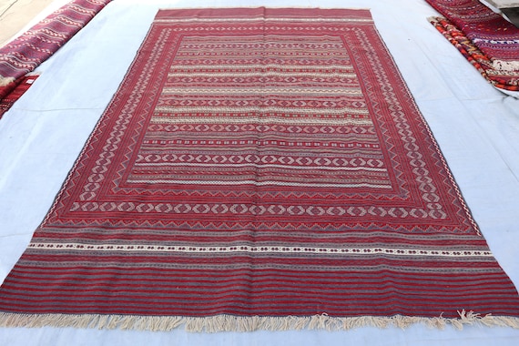 6x9 Vintage Afghan Flatweave Kilim Rug, Authentic Turkman Handmade Striped Rug, Tribal Antique Soumak Rug, Oriental  Rug for Bedroom Kitchen