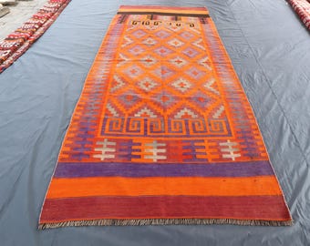 Rusty Red Orange Kilim Rug 4'6x11'6 ft/ Vintage Afghan Flatweave veg dyes Wool Rug/ Handwoven Rug/ Handmade Turkish Bedroom Living Room Rugs