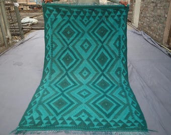 4'0 x 6'7 ft Turquoise Kilim Rug - Blue Handmade Wool Over Dye Flatweave Kilim Rug, Turkmen Tribal Geometric Rug, Bedroom, Living Room Rug