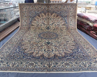 Alfombra afgana Heriz grande (2,95 x 3,78 m): alfombra oriental de lana con medallón beige y azul