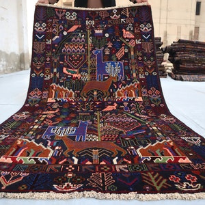 Antique Pattern Area Rug, 3&#39;7x6&#39;8 Ft, Afghan Handmade Art Decor, Authentic Animal Pictorial Rug, Vintage Wall Décor Rug, Best for Kids Room