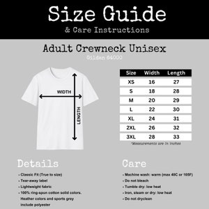 May include: A size guide and care instructions chart for a Gildan 64000 adult crewneck unisex t-shirt. The graphic displays a white t-shirt with width and length arrows, a sizing table with measurements in inches, and text detailing fabric composition.