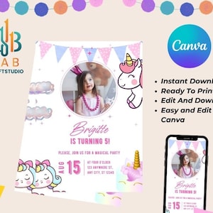 Convite de Aniversário Unicórnio | Modelo Editável | Download Instantâneo para Imprimir
