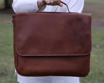 Leather Briefcase,Cowhide Brown Messenger Bag for Men,Christmas Gift for Him,Leather Work Bag,Groomsmen Gifts,Laptop Bag,Anniversary Gift