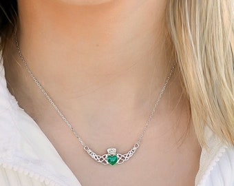 Celtic Knot Claddagh Sterling Silver Necklace, Reversible Silver and Green Enamel, Adjustable Diamond-Cut Cable Chain 16"-18"