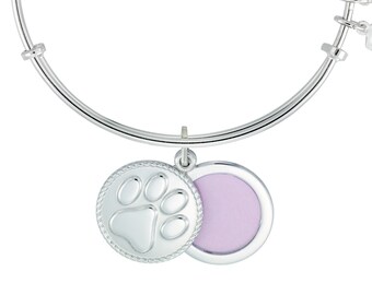 Paw Print Slide Locket Charm Bangle, Rhodium Silver, Alex+Ani Style Photo Charm Bracelet, Pet Lover's Gifts, Expandable, Personal