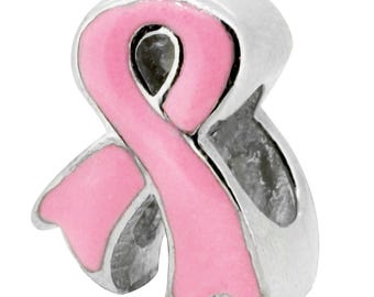 Pink Awareness Ribbon Charm Bead, Fits Pandora Bracelets, Zable, Chamilia, European Beads, Real Sterling Silver