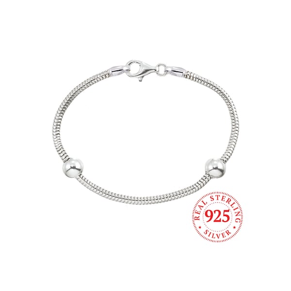 Pandora Style Starter Bracelet, Zable/European Charm Beads, Includes 2 Stopper Beads, Silver or 18K Gold Plated, size up 0.5" for best fit