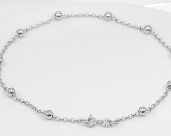 Made in Italy, 10&quot; Anklet with Saturn Beads, Beaded Rolo Ankle Bracelet, Rhodium, Beach Jewelry, Free Shipping, 925 Sterling Silver
