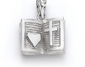 14 kt witgouden open bijbel met hart en kruishanger, religieus cadeau, aanslagvrij, gratis verzending
