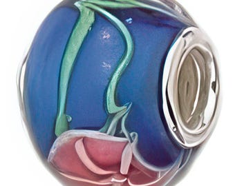 Blue Glass Flower Charm Bead, Real Sterling Silver, Fits Pandora Bracelets, Zable, Chamilia, European Beads