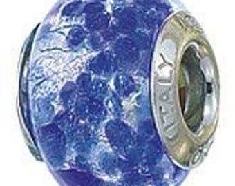 Slim Murano Glass Blue Spots Charm Bead, Real Sterling Silver, Fits Pandora Bracelets, Zable, Chamilia, European Beads