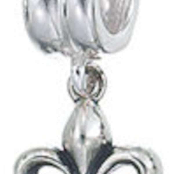 Fleur-De-Lis Dangle Charm Bead, Real Sterling Silver, Pandora, Zable, Chamilia, European Beads and Charms, Fits Pandora Bracelets