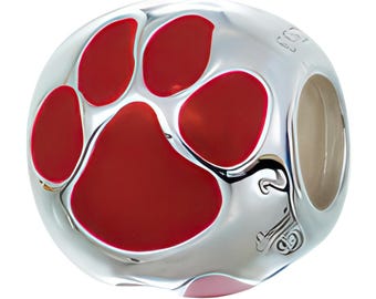 Red Enamel Paw Print Charm Bead, Real Sterling Silver, Fits Pandora Bracelets, Zable, Chamilia, European Beads