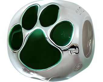 Green Enamel Paw Print Charm Bead, Real Sterling Silver, Fits Pandora Bracelets, Zable, Chamilia, European Beads