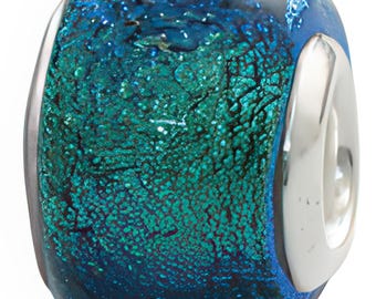 Round Dichroic Glass Blue Charm Bead, Real Sterling Silver, Zable, Chamilia, European Beads, Fits Pandora Bracelets