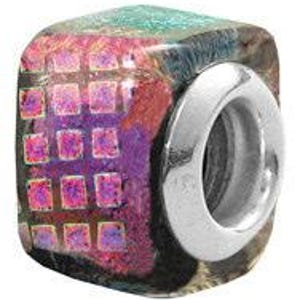 Square Dichroic Glass Purple Charm Bead, Real Sterling Silver, Zable, Chamilia, European Beads, Fits Pandora Bracelets