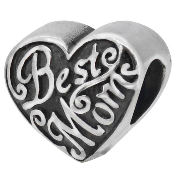 Best Mom Heart Charm Bead, Real Sterling Silver Compatible, Zable
