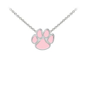 Pink Paw Print Necklace, Sterling Silver, Adjustable Chain (15&quot;,16&quot;,18&quot;) in Silver, Yellow or Rose Gold finish, Game Day Jewelry Team Spirit