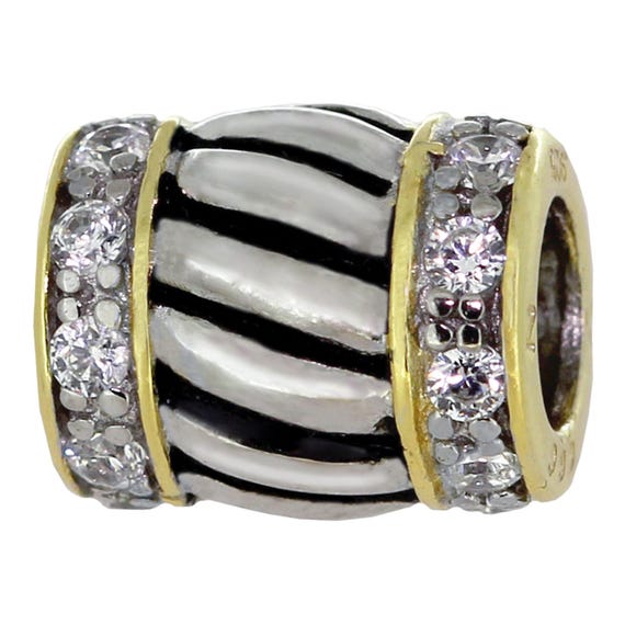 Two Tone Barrel Spacer W/ Cubic Zirconia Charm Bead, Real Sterling