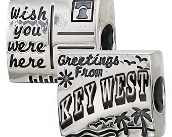 Key West Postcard Charm Bead, Real Sterling Silver, Zable, Chamilia, European Beads, Fits Pandora Bracelets