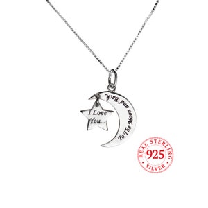 I Love You to the Moon and Back Necklace, Real 925 Sterling Silver, Adjustable 16"-18" Chain, Polished, Free Shipping, Valentine's Day Gift