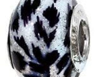 Murano Snow Leopard Charm Bead, Real Sterling Silver, Fits Pandora Bracelets, Zable, Chamilia, European Beads