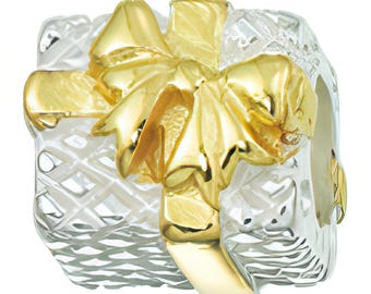 Gift Box Charm Bead, Two-Tone, Real Sterling Silver, Zable, Chamilia, European Beads, Fits Pandora Bracelets