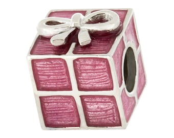 Gift Box Charm Bead, Pink Enamel, Real Sterling Silver, Zable, Chamilia, European Beads, Fits Pandora Bracelets