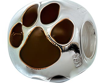 Brown Enamel Paw Print Charm Bead, Real Sterling Silver, Fits Pandora Bracelets, Zable, Chamilia, European Beads