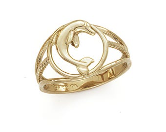 14 kt massief gouden ring met dolfijn in cirkel, maat 7, aanslagvrij, gratis verzending