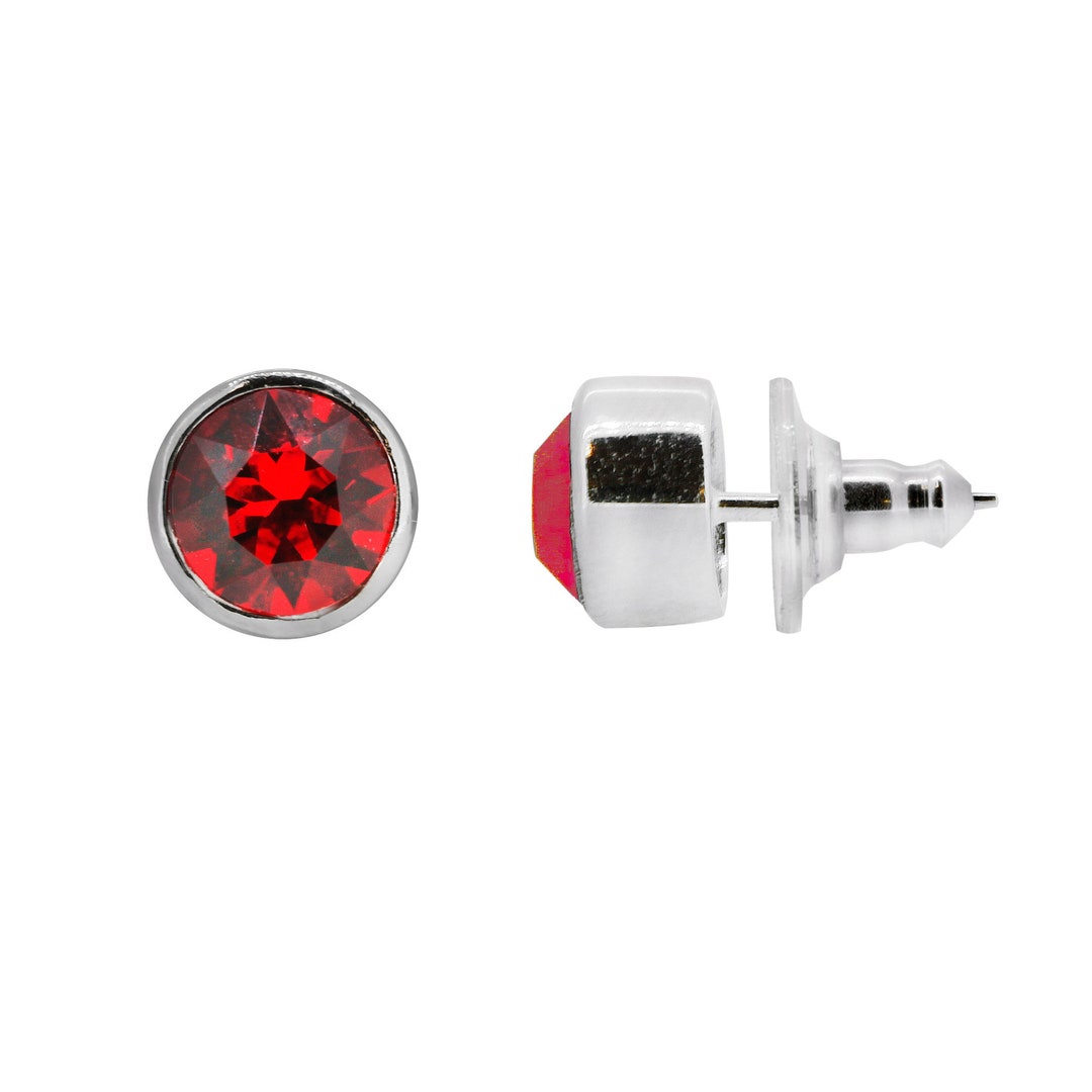 Ruby Sterling Silver Bezel Stud Earrings, Disc Style Earring Clutch ...