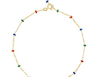 Multi-Colored Enamel Bead Saturn Anklet, Tarnish Resistant, Figaro Chain, 9/10&quot; Anklet, 10K Solid Gold