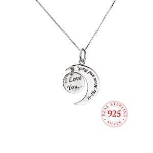 May include: Silver necklace with a crescent moon pendant that says "To The Moon And Back" and a charm that says "I Love You..." The necklace is on a silver chain. The pendant is stamped with "Real 925 Sterling Silver".