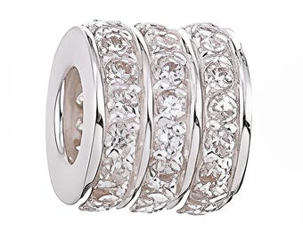 3 Row Spacer with CZ Charm Bead, Real Sterling Silver, Fits Pandora Bracelets, Zable, Chamilia, European Beads