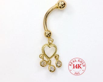 14K Solid Gold Heart Belly Ring, Cubic Zirconia, 100% Real Gold, Tarnish Free, 16 Gauge Navel Ring