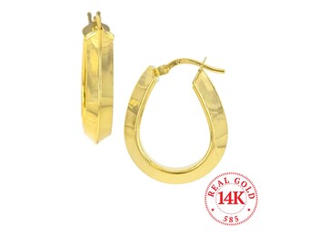 Orecchini a cerchio ovali triangolari in oro 14 carati, realizzati in Italia, 100% oro vero, larghezza 5 mm, diametro 20 mm