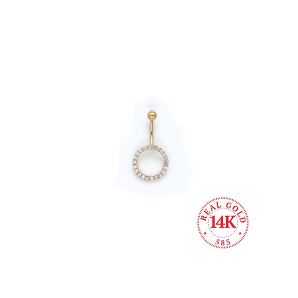 14K Solid Gold Open Circle Belly Ring with Cubic Zirconia, 100% Real White or Yellow Gold, Tarnish Free, 16 Gauge Navel Ring