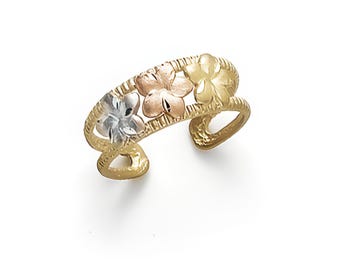Tricolor Gold Plumeria Toe Ring, Satin Diamond Cut, Adjustable, Made in USA, Tarnish Resistant 100% Real Gold, Solid 10K