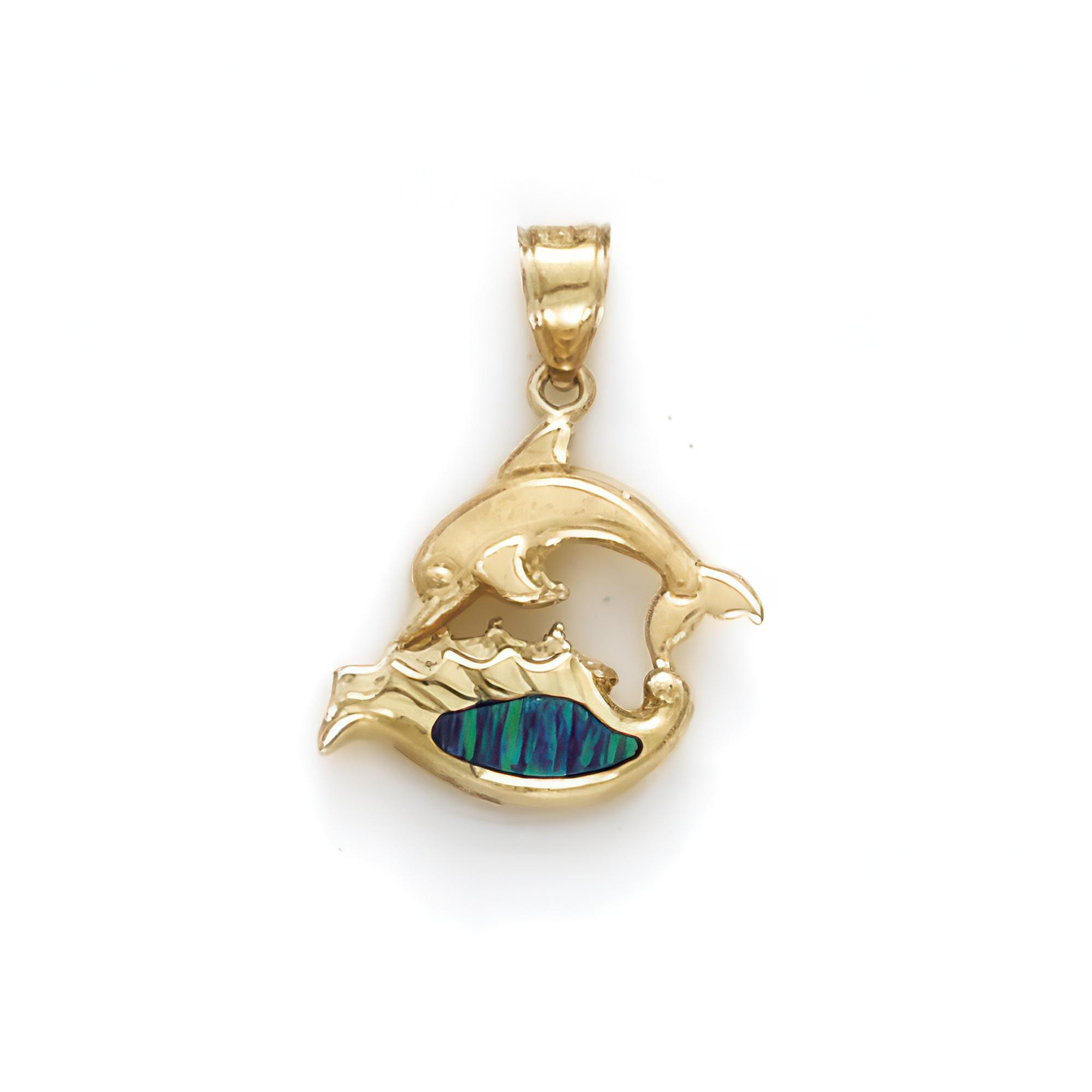 Dolphin Using Conch Shell 14K Solid Gold Dolphin and Conch Shell Pendant With Blue-green Created ...