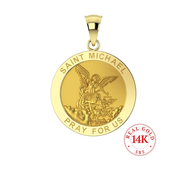 St. Michael 14K Gold Religious Medal, Patron Saint of Police, Tarnish Resistant 100% Real Gold, Polished, "Saint Michael Pray for Us"