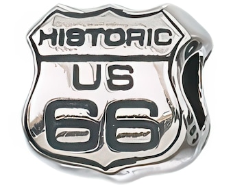 Historic Route 66 Charm Bead, Fits Pandora Bracelets, Zable, European Beads, Real Sterling Silver