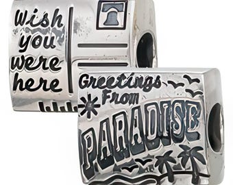 Postcard From Paradise Charm Bead, 2-Sided, Real Sterling Silver, Zable, Chamilia, European Beads, Fits Pandora Bracelets