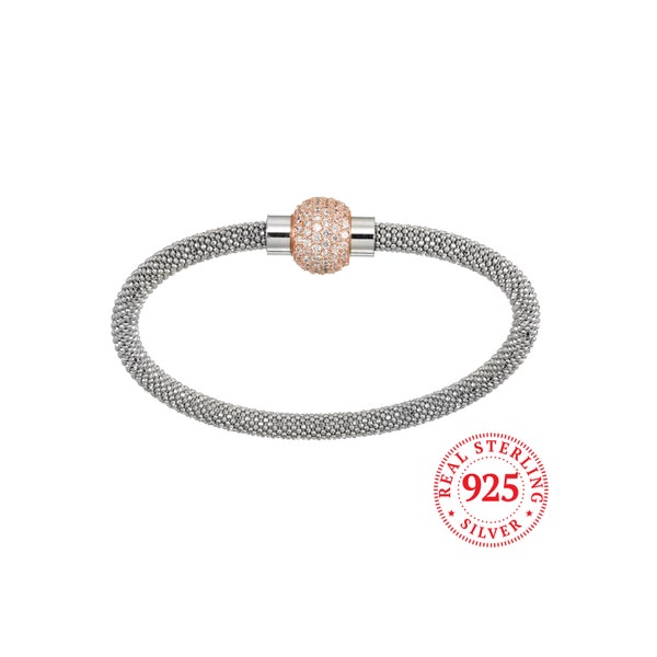 Cape Cod Magnetic Bracelets, Cubic Zirconia, 7.5" Stack Bangles, 18K Rose Gold Sterling, Sterling Silver/Rose or All Silver, Made in Italy