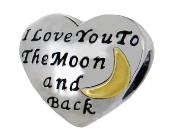 I Love You To The Moon And Back Charm Bead, Fits Pandora Bracelets, Zable, Chamilia, European Beads, Real Sterling Silver
