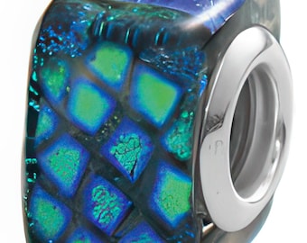 Square Dichroic Glass Blue Charm Bead, Real Sterling Silver, Zable, Chamilia, European Beads, Fits Pandora Bracelets