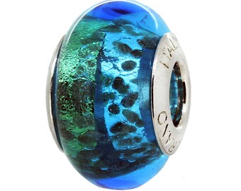 Slim Murano Glass Blue Gold Charm Bead, Real Sterling Silver, Fits Pandora Bracelets, Zable, Chamilia, European Beads