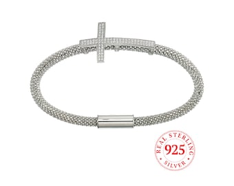 Sideways Cross Bracelet, Magnetic Clasp, Cubic Zirconia, 7.5" Stack Bangle, Popcorn Chain, Real 925 Sterling Silver